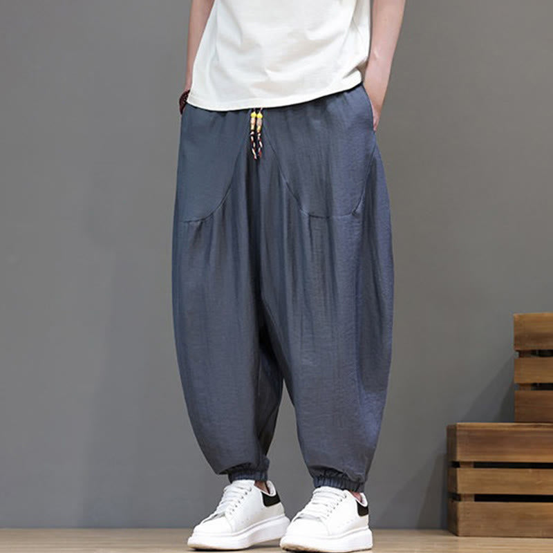 Nimara Ritual Summer Casual Vintage Drawstring Solid Cotton Cropped Pants Men's Harem Pants With Pocket