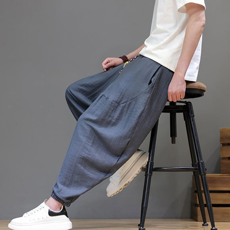 Nimara Ritual Summer Casual Vintage Drawstring Solid Cotton Cropped Pants Men's Harem Pants With Pocket