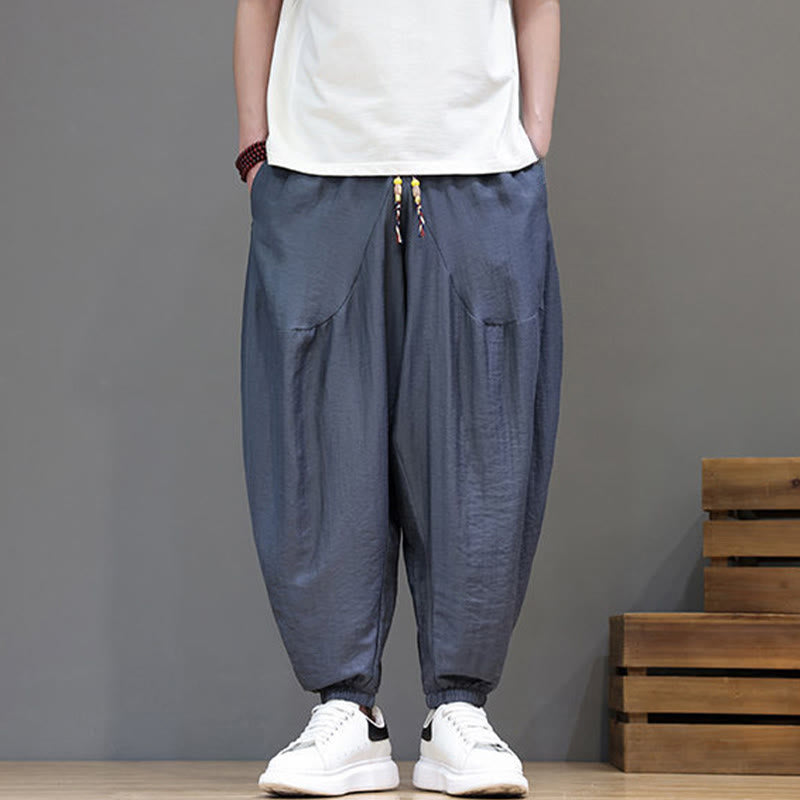 Nimara Ritual Summer Casual Vintage Drawstring Solid Cotton Cropped Pants Men's Harem Pants With Pocket