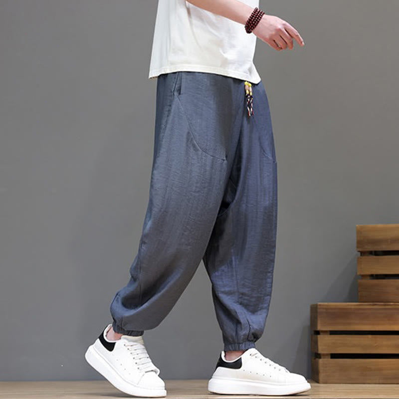 Nimara Ritual Summer Casual Vintage Drawstring Solid Cotton Cropped Pants Men's Harem Pants With Pocket