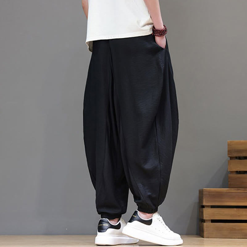 Nimara Ritual Summer Casual Vintage Drawstring Solid Cotton Cropped Pants Men's Harem Pants With Pocket