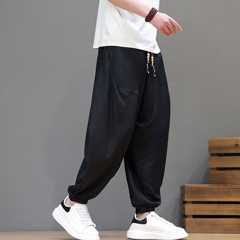 Nimara Ritual Summer Casual Vintage Drawstring Solid Cotton Cropped Pants Men's Harem Pants With Pocket