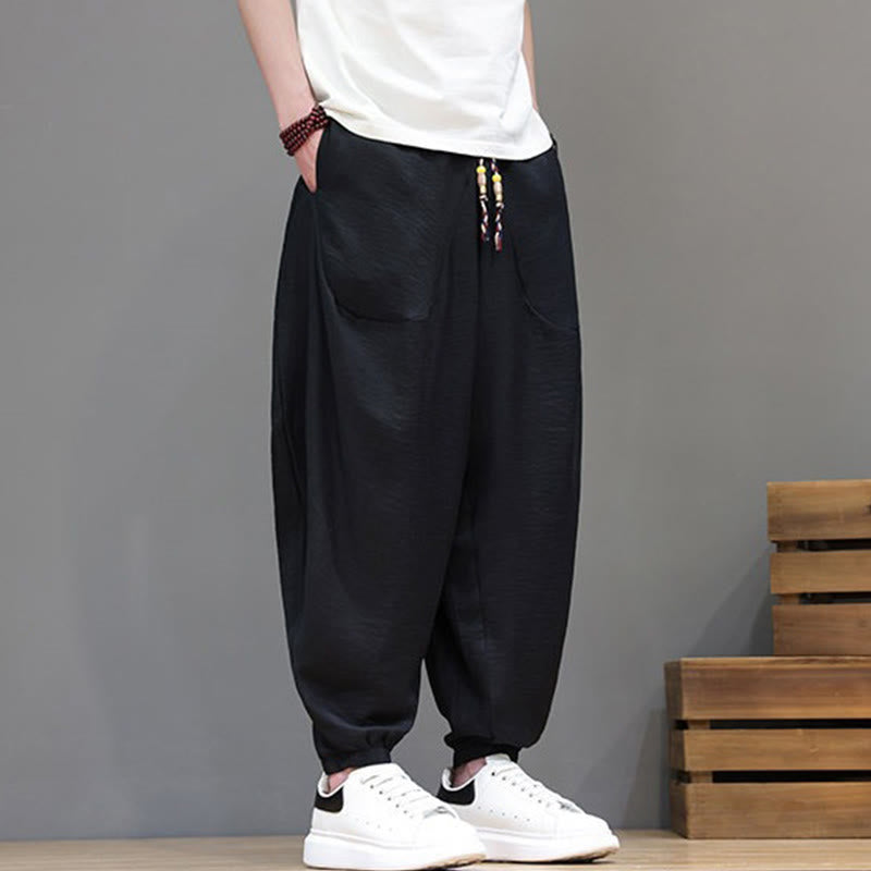 Nimara Ritual Summer Casual Vintage Drawstring Solid Cotton Cropped Pants Men's Harem Pants With Pocket