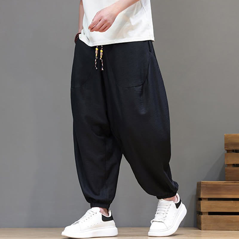 Nimara Ritual Summer Casual Vintage Drawstring Solid Cotton Cropped Pants Men's Harem Pants With Pocket