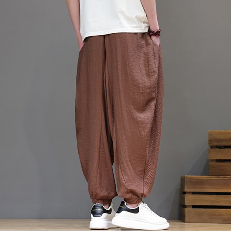 Nimara Ritual Summer Casual Vintage Drawstring Solid Cotton Cropped Pants Men's Harem Pants With Pocket