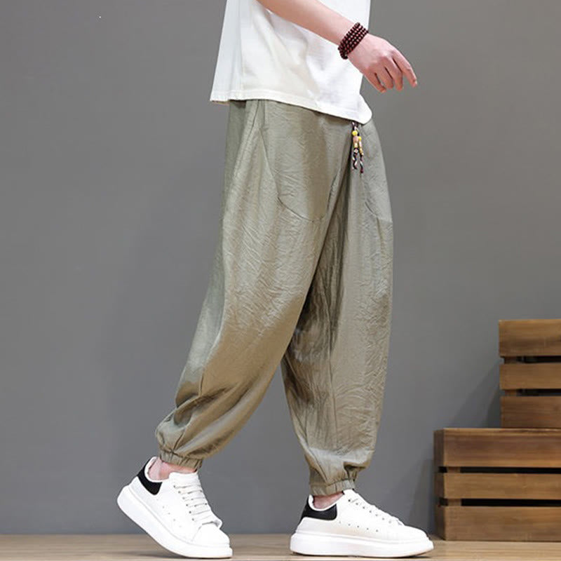 Nimara Ritual Summer Casual Vintage Drawstring Solid Cotton Cropped Pants Men's Harem Pants With Pocket