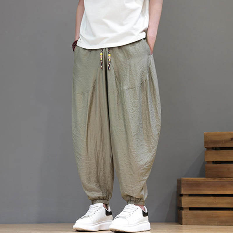 Nimara Ritual Summer Casual Vintage Drawstring Solid Cotton Cropped Pants Men's Harem Pants With Pocket