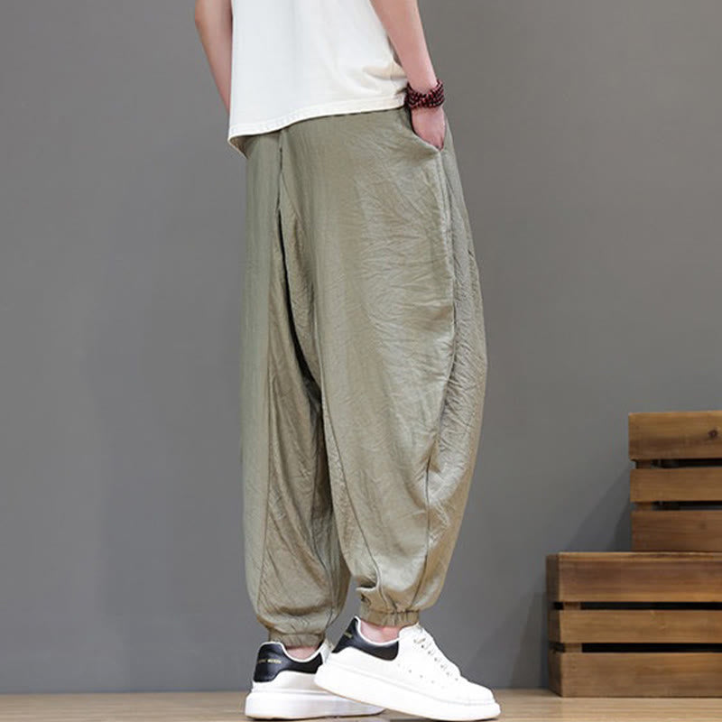 Nimara Ritual Summer Casual Vintage Drawstring Solid Cotton Cropped Pants Men's Harem Pants With Pocket