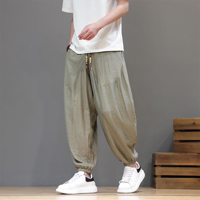 Nimara Ritual Summer Casual Vintage Drawstring Solid Cotton Cropped Pants Men's Harem Pants With Pocket
