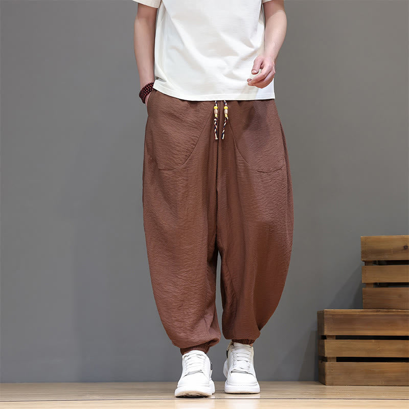 Nimara Ritual Summer Casual Vintage Drawstring Solid Cotton Cropped Pants Men's Harem Pants With Pocket