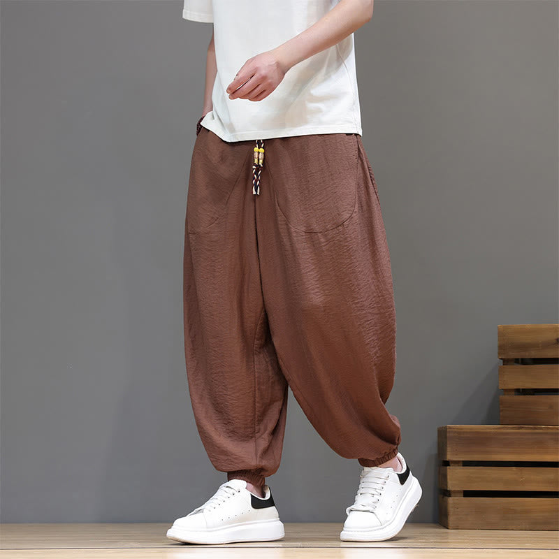 Nimara Ritual Summer Casual Vintage Drawstring Solid Cotton Cropped Pants Men's Harem Pants With Pocket