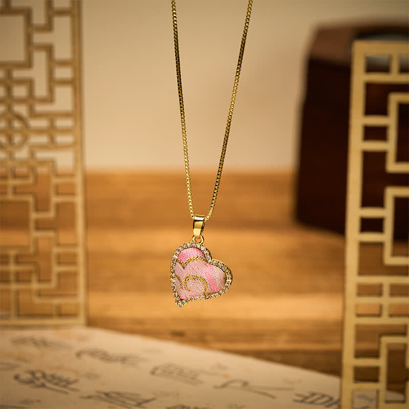 Nimara Ritual Copper Rotatable Heart & Four-leaf Clover Inlaid Pink Brocade Harmonic Connection Necklace