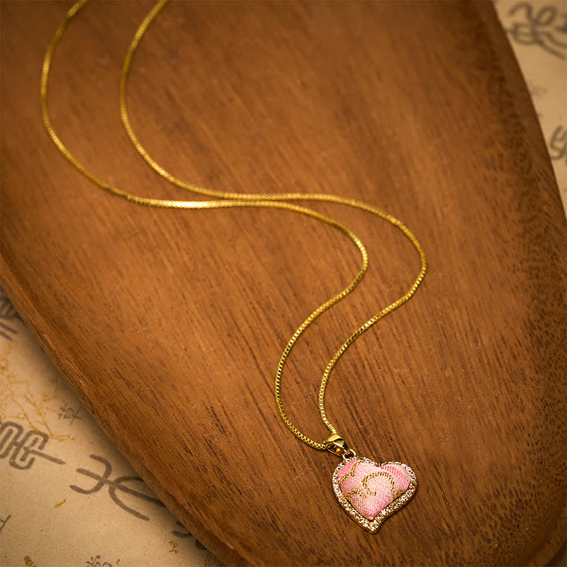 Nimara Ritual Copper Rotatable Heart & Four-leaf Clover Inlaid Pink Brocade Harmonic Connection Necklace