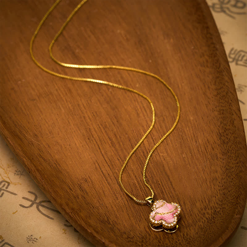 Nimara Ritual Copper Rotatable Heart & Four-leaf Clover Inlaid Pink Brocade Harmonic Connection Necklace
