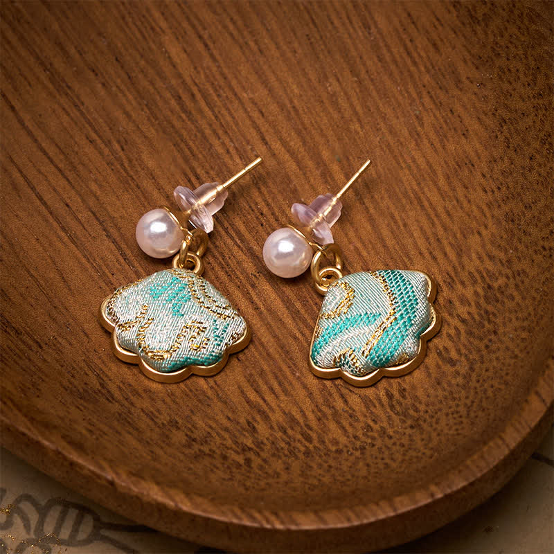Nimara Ritual Pearl Song Brocade Leaf Shaped Balance Chinese Earrings