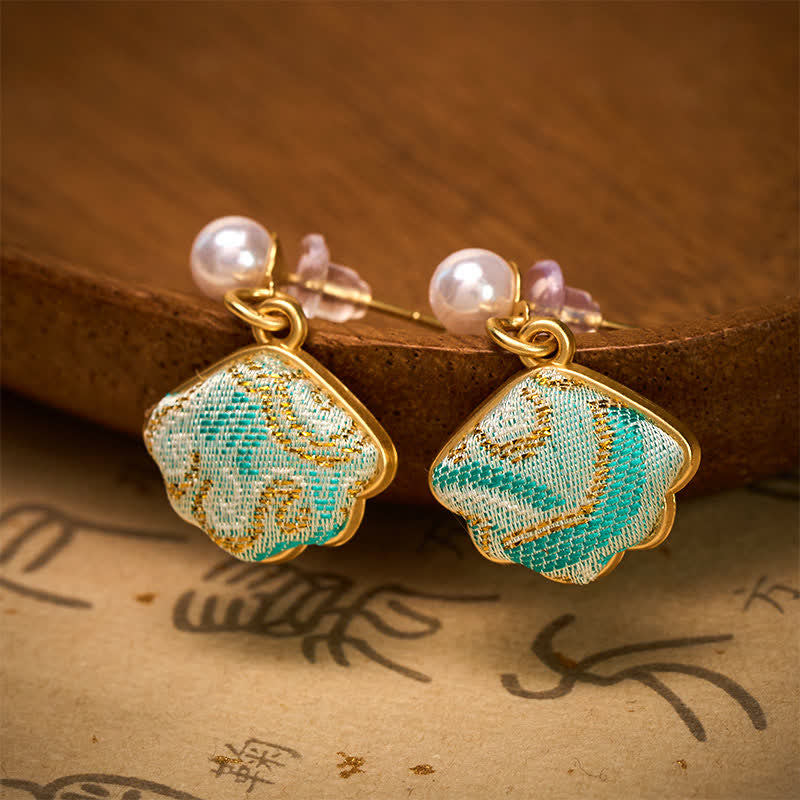 Nimara Ritual Pearl Song Brocade Leaf Shaped Balance Chinese Earrings
