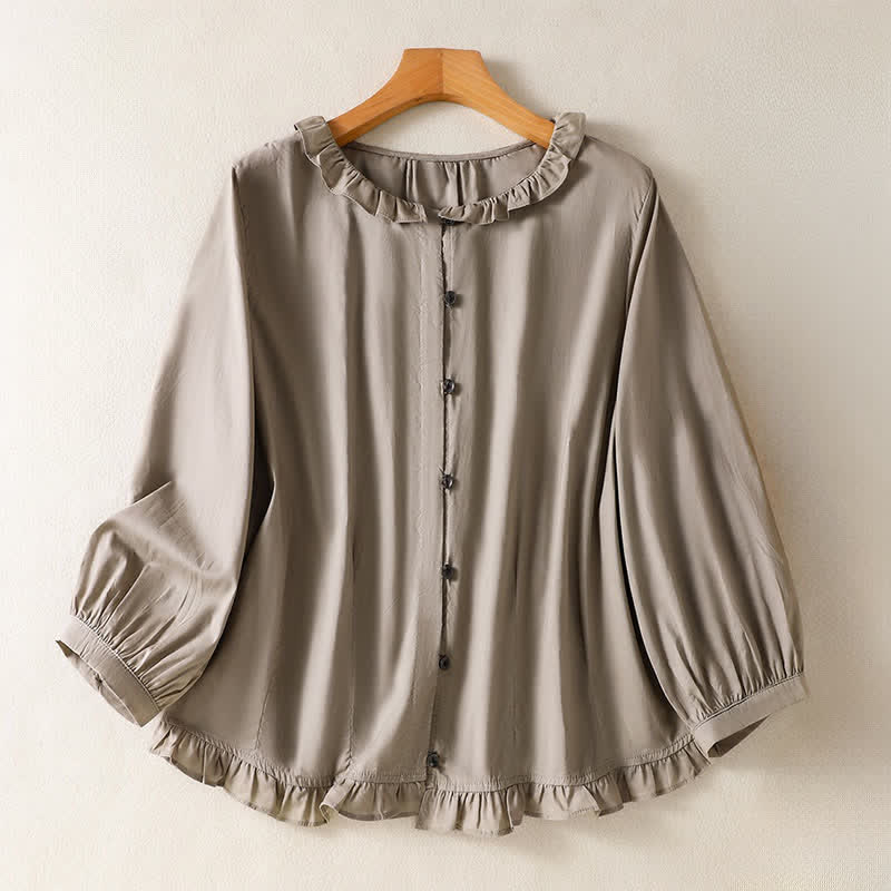 Nimara Ritual Summer Casual Vintage Button-up Ruffled Crew Neck Solid Women's Long Sleeve Shirts