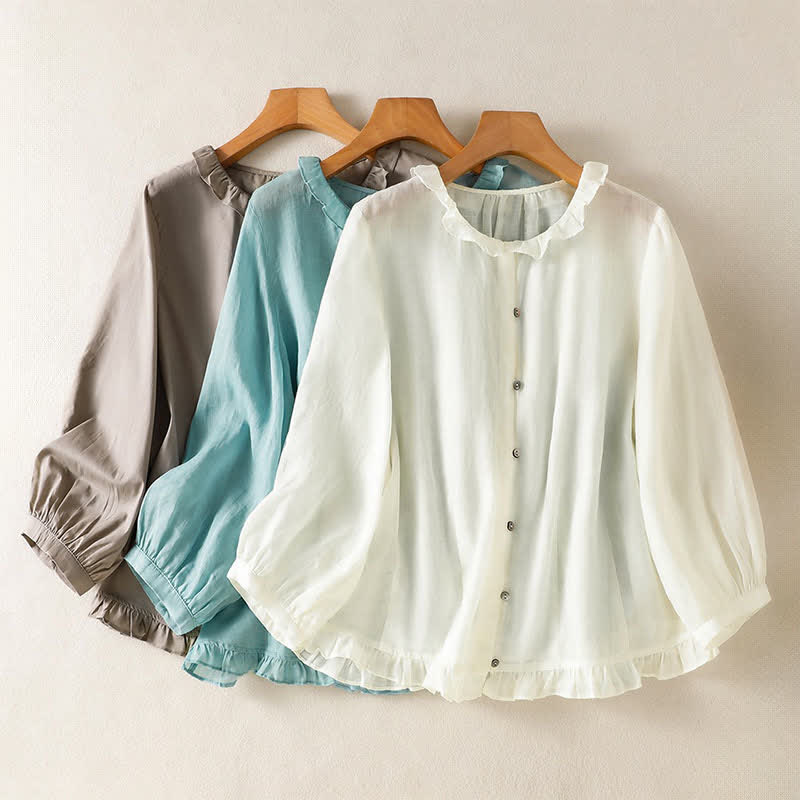 Nimara Ritual Summer Casual Vintage Button-up Ruffled Crew Neck Solid Women's Long Sleeve Shirts