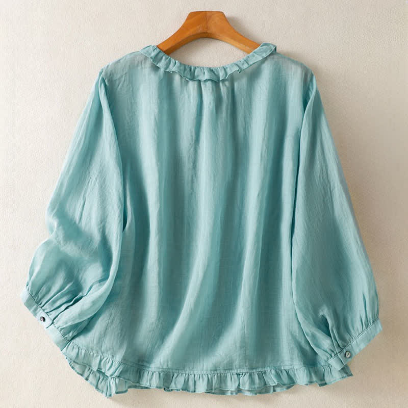 Nimara Ritual Summer Casual Vintage Button-up Ruffled Crew Neck Solid Women's Long Sleeve Shirts