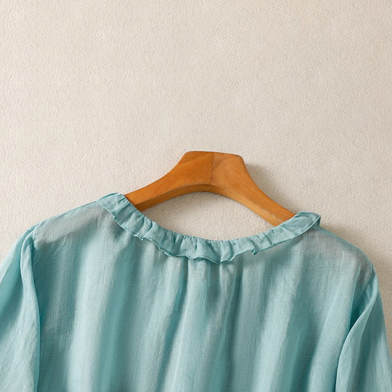 Nimara Ritual Summer Casual Vintage Button-up Ruffled Crew Neck Solid Women's Long Sleeve Shirts