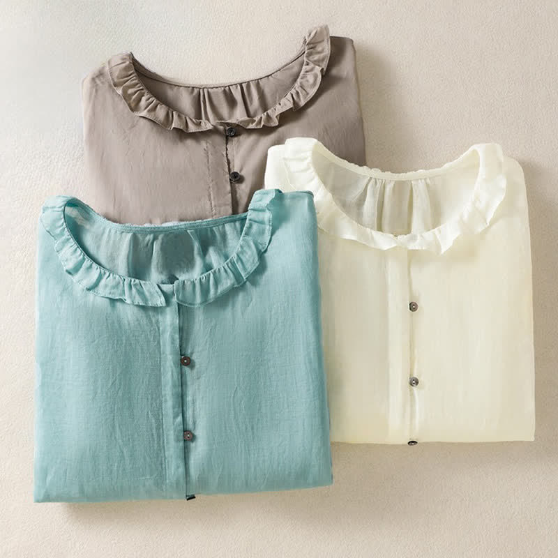 Nimara Ritual Summer Casual Vintage Button-up Ruffled Crew Neck Solid Women's Long Sleeve Shirts
