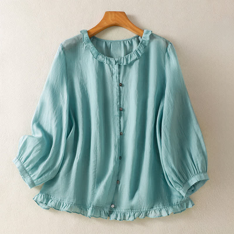 Nimara Ritual Summer Casual Vintage Button-up Ruffled Crew Neck Solid Women's Long Sleeve Shirts