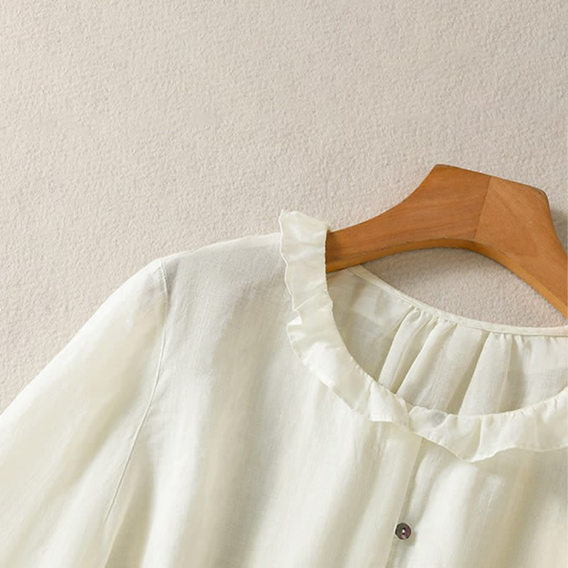 Nimara Ritual Summer Casual Vintage Button-up Ruffled Crew Neck Solid Women's Long Sleeve Shirts