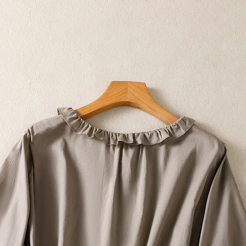Nimara Ritual Summer Casual Vintage Button-up Ruffled Crew Neck Solid Women's Long Sleeve Shirts