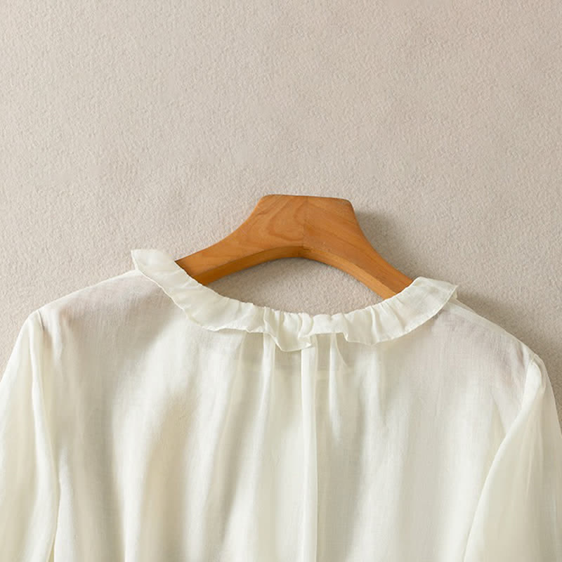 Nimara Ritual Summer Casual Vintage Button-up Ruffled Crew Neck Solid Women's Long Sleeve Shirts