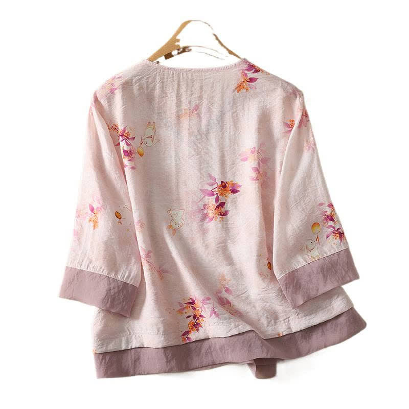Nimara Ritual Summer Vintage Tang Style Embroidery Floral V-Neck Women's Three-Quarter Sleeve T-Shirt