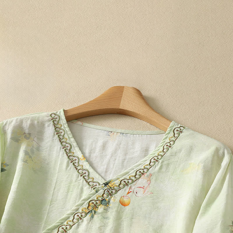 Nimara Ritual Summer Vintage Tang Style Embroidery Floral V-Neck Women's Three-Quarter Sleeve T-Shirt