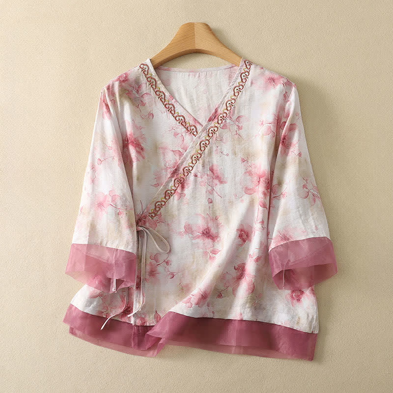 Nimara Ritual Summer Vintage Tang Style Embroidery Floral V-Neck Women's Three-Quarter Sleeve T-Shirt
