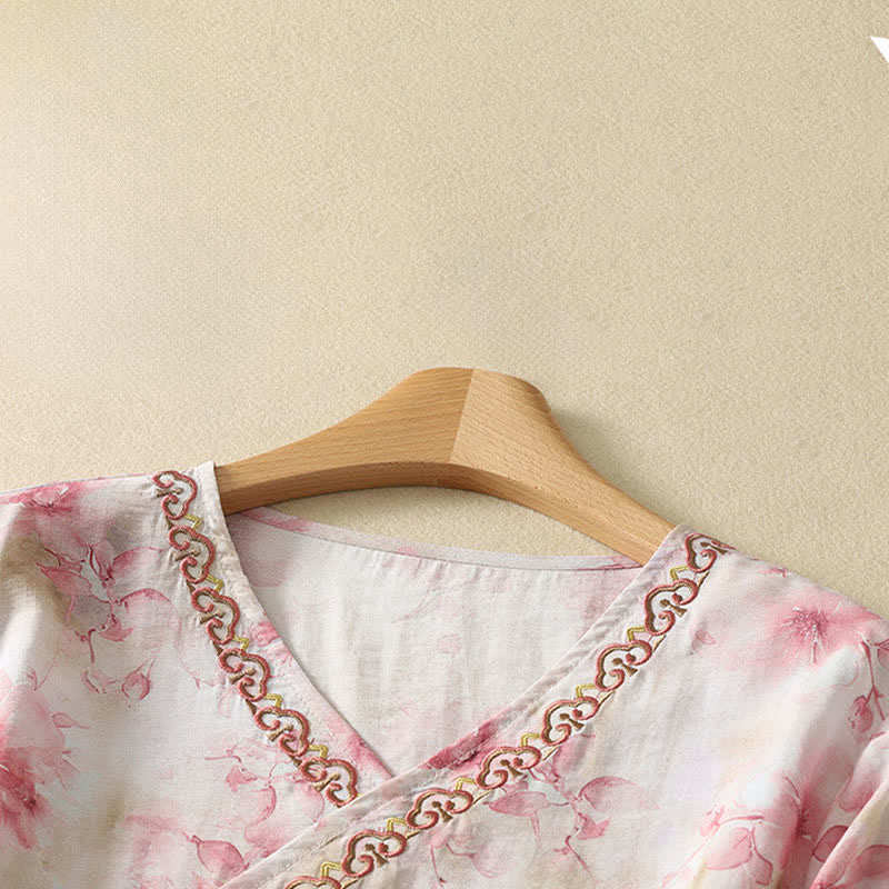 Nimara Ritual Summer Vintage Tang Style Embroidery Floral V-Neck Women's Three-Quarter Sleeve T-Shirt