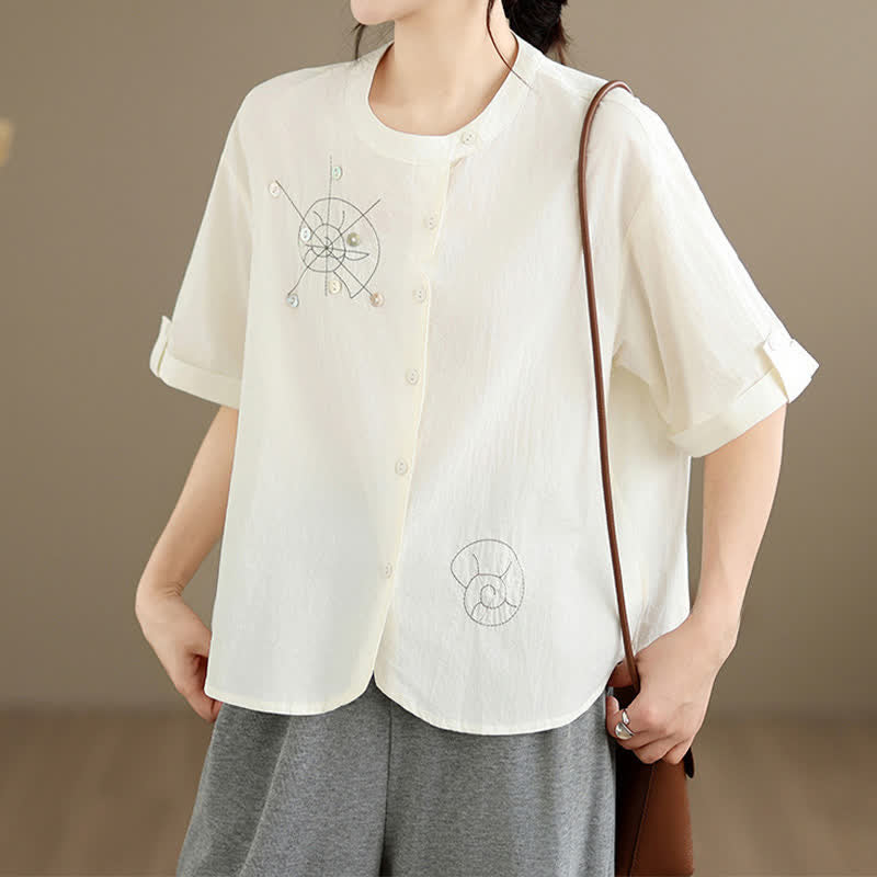 Nimara Ritual Summer Casual Minimalist Embroidery Snails Button-Up Geometric Women's Short Sleeve Shirts