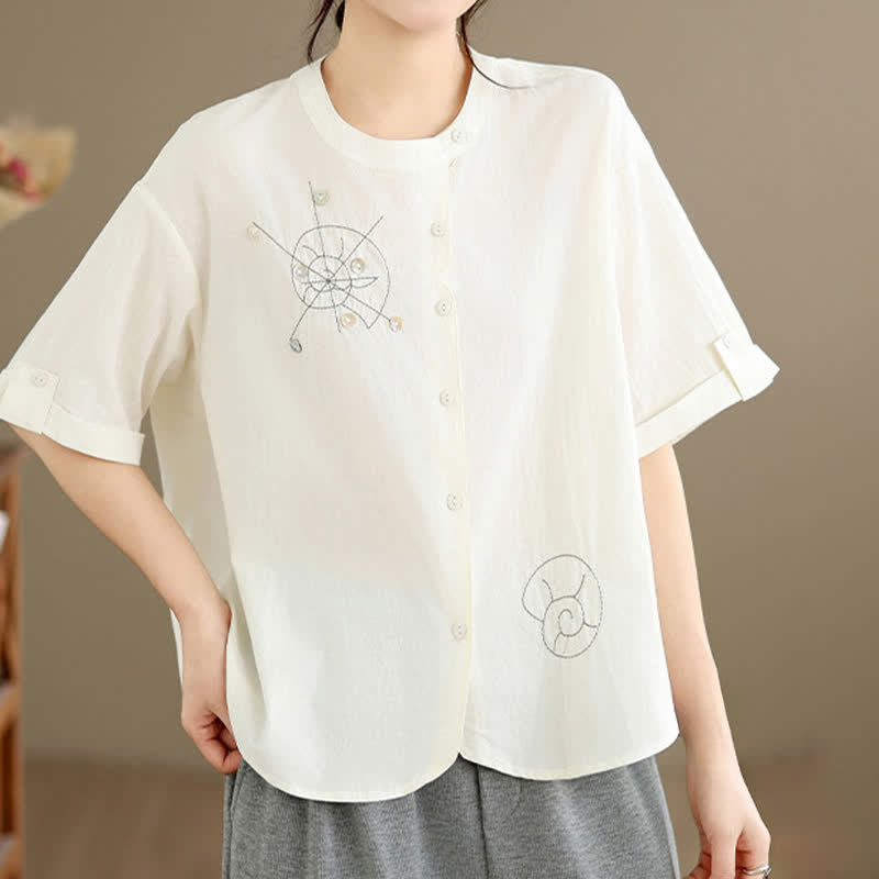 Nimara Ritual Summer Casual Minimalist Embroidery Snails Button-Up Geometric Women's Short Sleeve Shirts