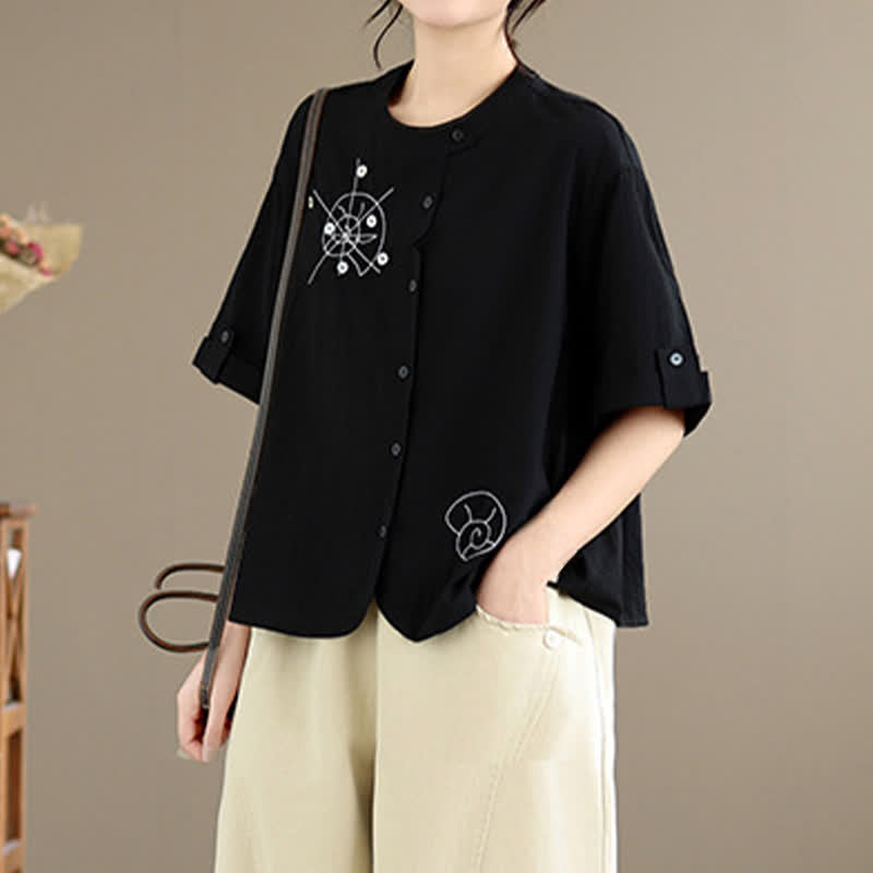 Nimara Ritual Summer Casual Minimalist Embroidery Snails Button-Up Geometric Women's Short Sleeve Shirts