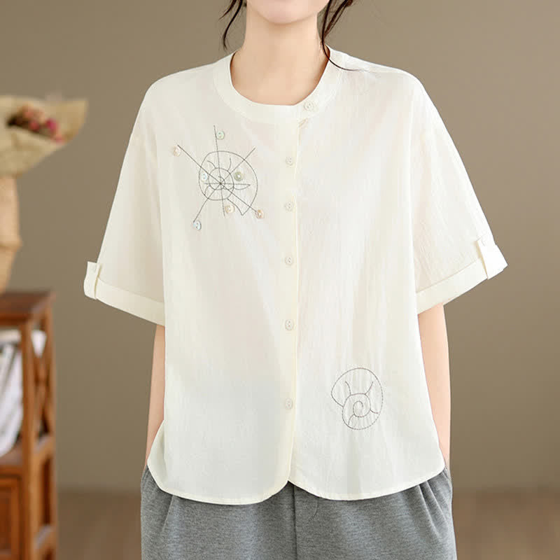 Nimara Ritual Summer Casual Minimalist Embroidery Snails Button-Up Geometric Women's Short Sleeve Shirts