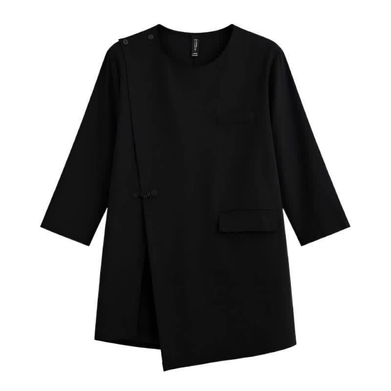 Nimara Ritual Summer Tang Style Side Slit Pankou Solid Crew Neck Women's Long Sleeve T-Shirt With Pocket