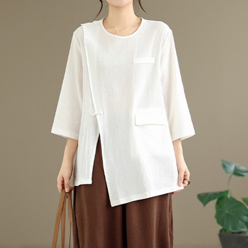 Nimara Ritual Summer Tang Style Side Slit Pankou Solid Crew Neck Women's Long Sleeve T-Shirt With Pocket