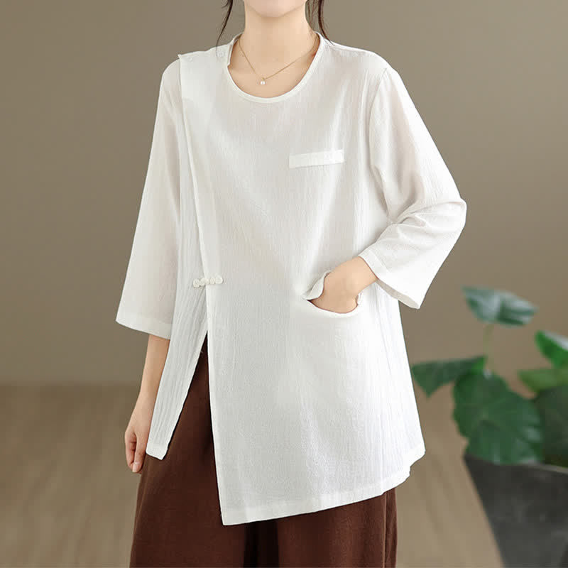 Nimara Ritual Summer Tang Style Side Slit Pankou Solid Crew Neck Women's Long Sleeve T-Shirt With Pocket