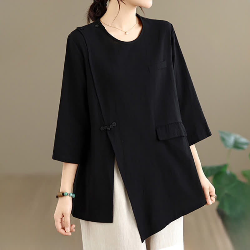 Nimara Ritual Summer Tang Style Side Slit Pankou Solid Crew Neck Women's Long Sleeve T-Shirt With Pocket