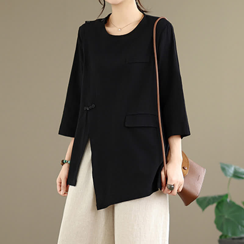 Nimara Ritual Summer Tang Style Side Slit Pankou Solid Crew Neck Women's Long Sleeve T-Shirt With Pocket