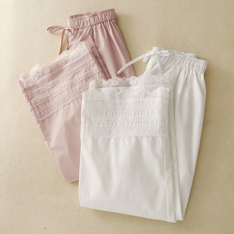 Nimara Ritual Summer Elegant Casual Drawstring Solid Lace-trimmed Hem Ankle Pants Women's Wide Leg Pants