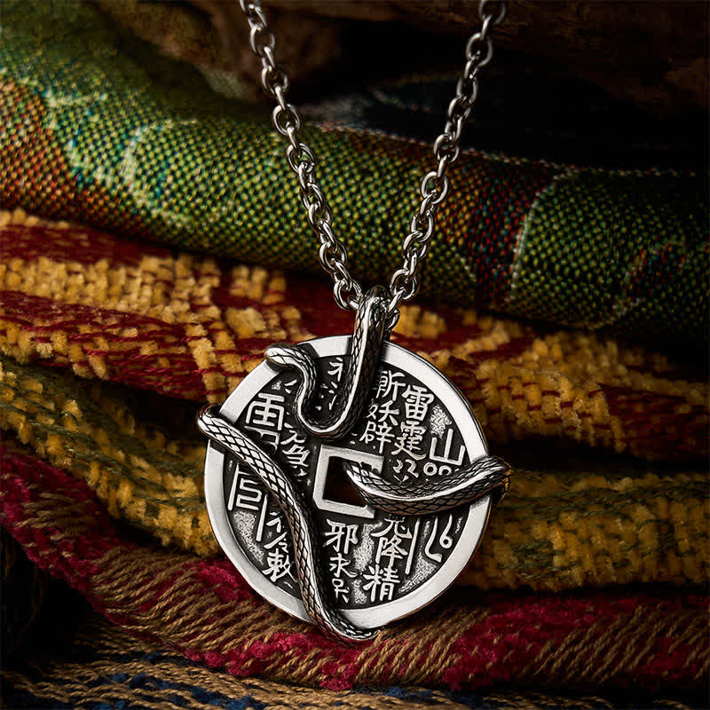 Balance and Healing Copper Plated With Silver Mountain Ghosts Spend Money Snake Coiled Around Copper Coin Necklace