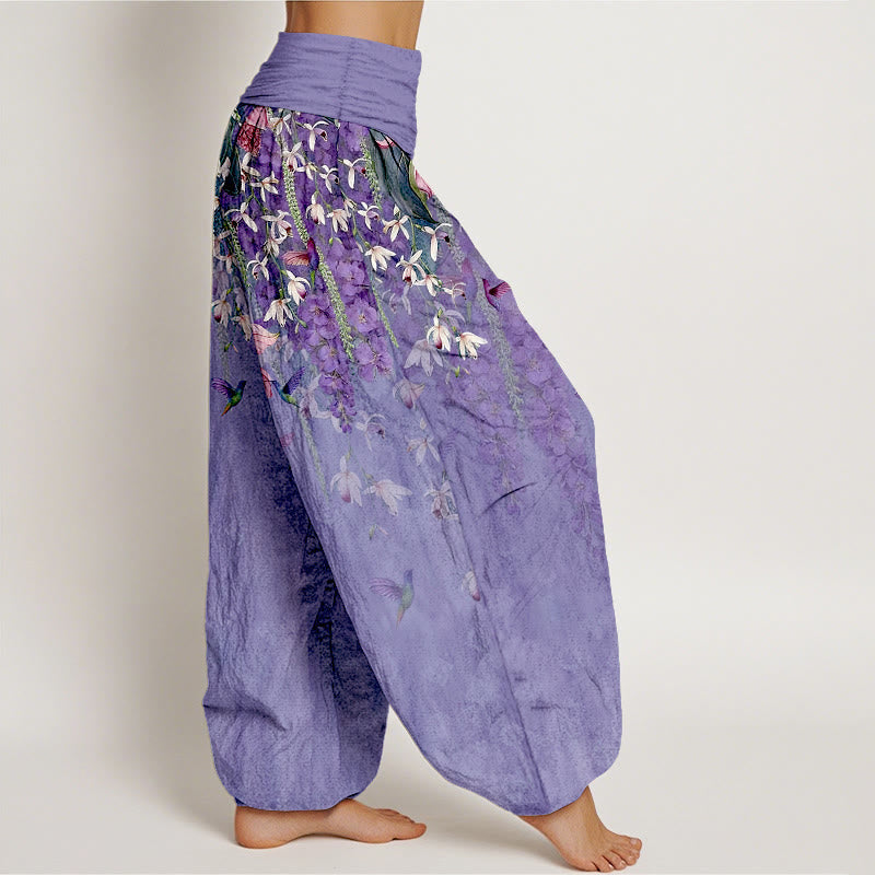 Nimara Ritual Pure Cotton Orchid Birds Pattern Women's Elastic Waist Harem Pants