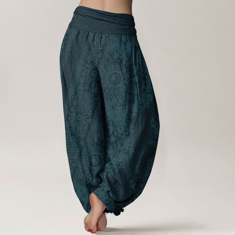 Nimara Ritual Pure Cotton Mandala Pattern Parallel Flowers Women's Elastic Waist Harem Pants