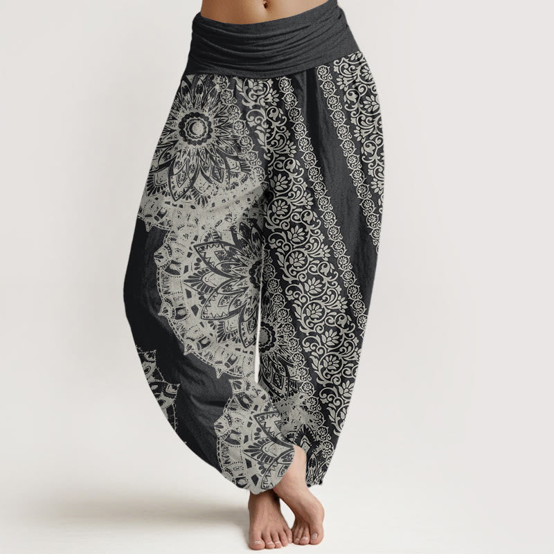 Nimara Ritual Pure Cotton Mandala Pattern Parallel Flowers Women's Elastic Waist Harem Pants