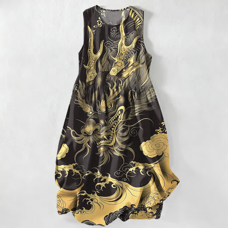 Nimara Ritual Summer Casual Oriental Dragon Cloud Pattern Women's Summer Sleeveless Midi Dress With Pockets