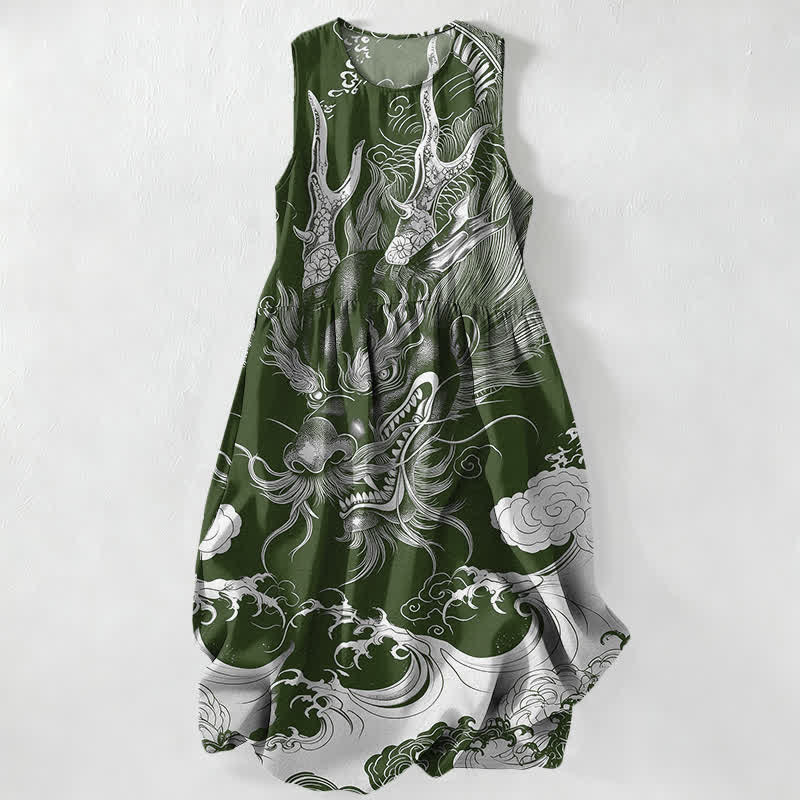 Nimara Ritual Summer Casual Oriental Dragon Cloud Pattern Women's Summer Sleeveless Midi Dress With Pockets