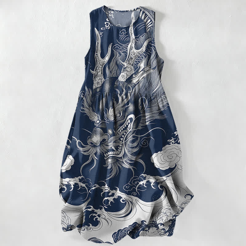 Nimara Ritual Summer Casual Oriental Dragon Cloud Pattern Women's Summer Sleeveless Midi Dress With Pockets